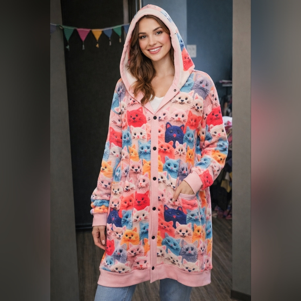 😻 Knitted Cat Print Long Cardigan with Hood 💙🩷🧡